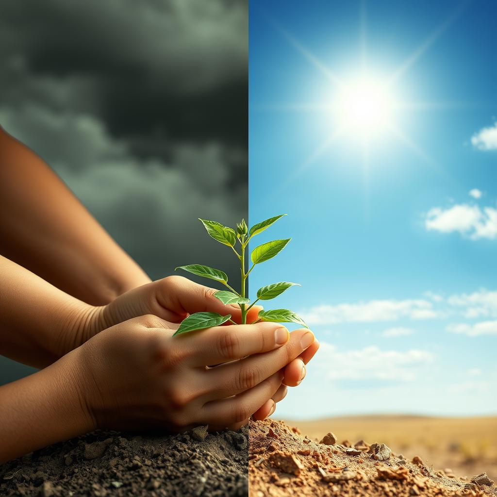Mãos segurando uma pequena planta brotando de terra rachada, simbolizando esperança e crescimento em meio à adversidade